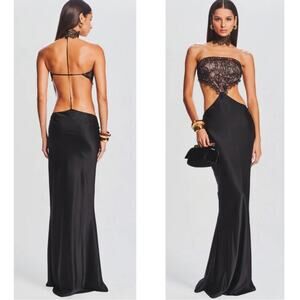 RETROFETE Lucie Lace Cutout Strapless Choker Black Satin Maxi Dress Size Large